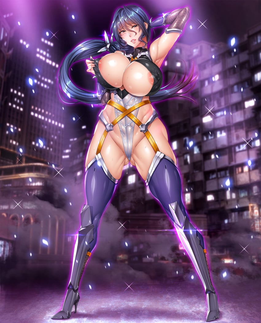 absurdres blue_hair blush bodysuit breast_press breasts city covered_erect_nipples curvy embarrassed fei_(maidoll) female full_body highleg highleg_leotard highres huge_breasts leotard long_hair night partially_visible_vulva ponytail pussy_juice revealing_clothes shiny_skin solo solo_female solo_focus sweat taimanin_(series) taimanin_asagi_kessen_arena thong_leotard uehara_rin wide_hips