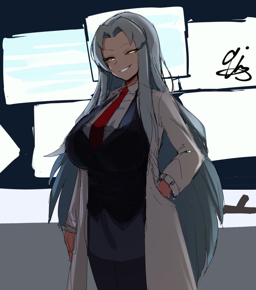 1girls 2023 9is android angela_(lobotomy_corporation) big_breasts blue_hair coat evil_grin evil_smile female female_focus female_only fully_clothed labcoat large_breasts library_of_ruina lobotomy_corporation long_hair project_moon robot robot_girl solo solo_female solo_focus tagme tie