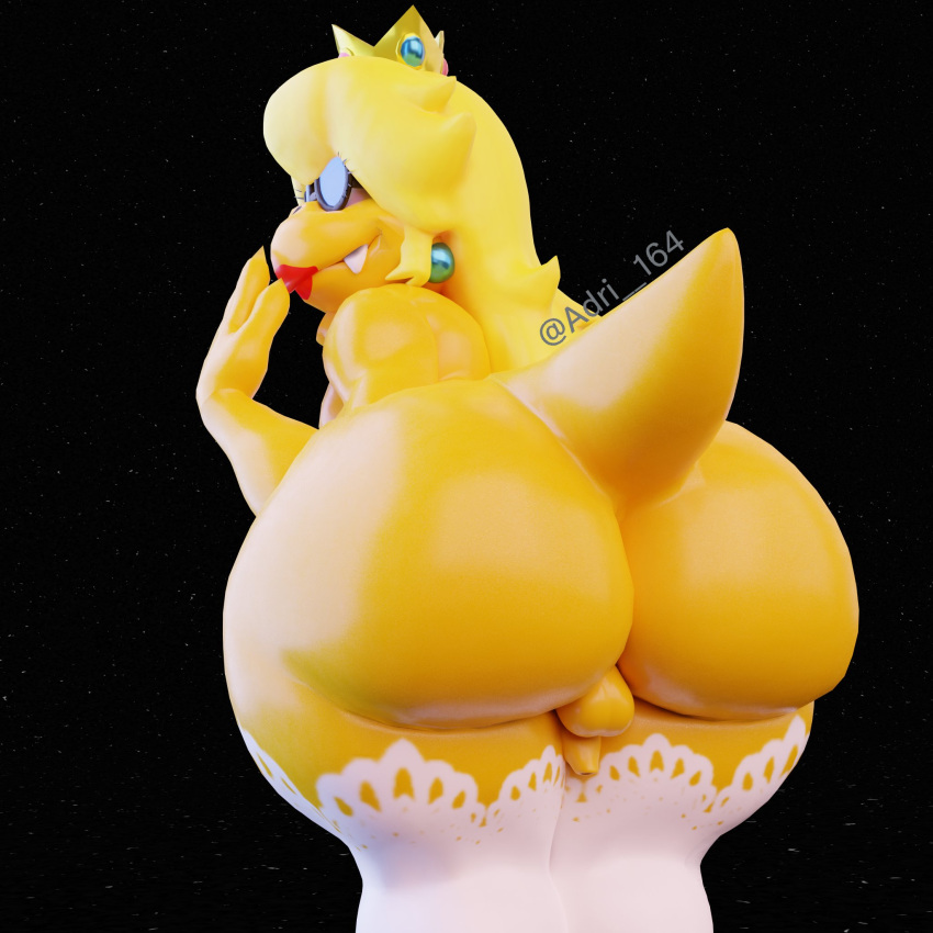 1:1 3d 3d_(artwork) adri164 ass balls big_ass big_butt blonde_hair bubble_butt clothed clothing cosplay crossdressing crown ear_piercing ear_ring eyewear femboy gay genitals girly hair headgear hi_res high_socks kamek koopa legwear lingerie lipstick long_hair makeup male male/male mario_(series) nintendo penis piercing princess_kamek princess_peach_(cosplay) ring_piercing scalie sharp_teeth small_balls small_penis smile stockings super_mario_bros._(2023_film) teeth wide_hips yellow_body