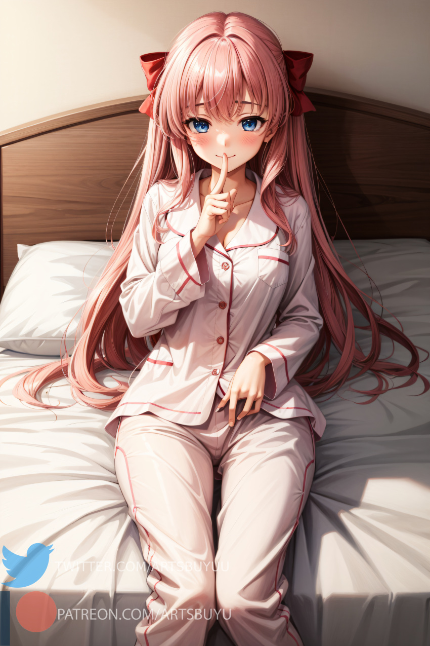 1girls ai_generated artsbuyu bangs blue_eyes blush embarrassed finger_to_mouth hair_between_eyes hair_ornament hair_ribbon haramura_nodoka hi_res long_hair looking_at_viewer medium_breasts nightgown on_bed pajamas pink_hair red_ribbon ribbon saki sitting stable_diffusion