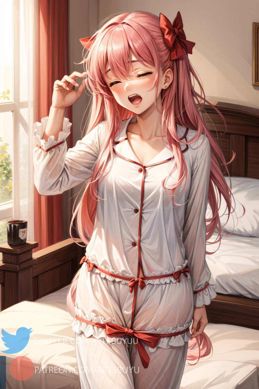 1girls ai_generated artsbuyu bangs bedroom blue_eyes blush closed_eyes embarrassed hair_between_eyes hair_ornament hair_ribbon haramura_nodoka hi_res long_hair looking_at_viewer medium_breasts nightgown open_mouth pajamas pink_hair red_ribbon ribbon saki stable_diffusion standing yawn