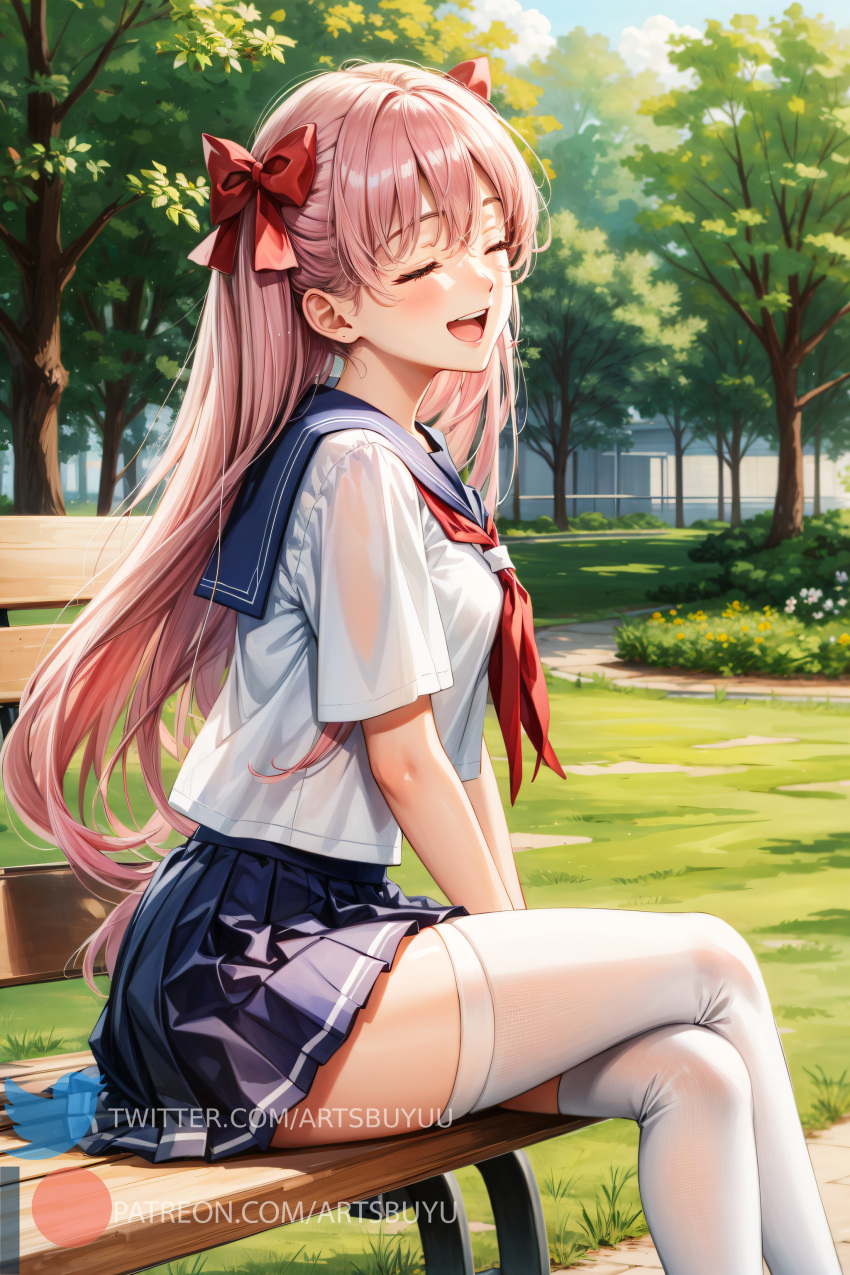 1girls ai_generated artsbuyu bangs bench blue_eyes blue_skirt blush closed_eyes crossed_legs embarrassed footwear hair_between_eyes hair_ornament hair_ribbon hand_on_thigh happy haramura_nodoka hi_res legwear long_hair long_sleeves looking_at_viewer medium_breasts open_mouth pink_hair pleated_skirt red_ribbon ribbon saki school_uniform schoolgirl sitting skirt smile stable_diffusion thighhighs white_legwear white_shirt white_thighhighs