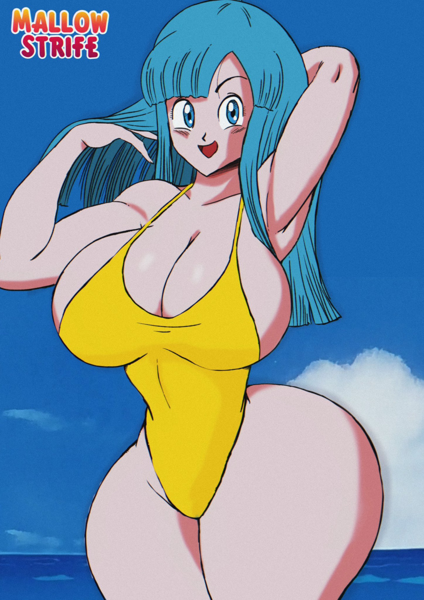 1girls blue_eyes blue_hair breasts cleavage dragon_ball dragon_ball_z female female_only huge_ass huge_breasts large_breasts looking_at_viewer mallow_strife maron one-piece_swimsuit solo swimsuit thick_thighs thighs wide_hips