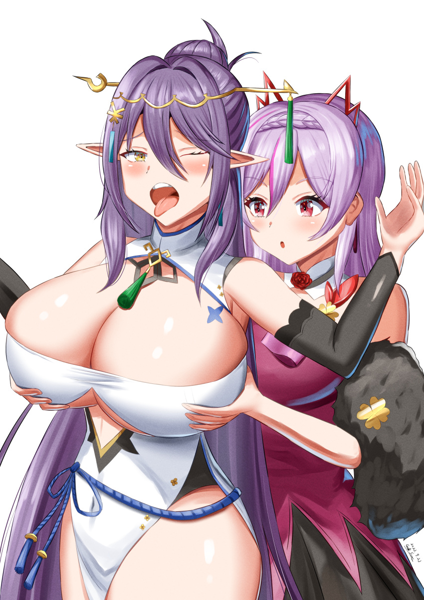 2girls abigail_(epic7) aria_(epic7) blush cleavage curvy elf epic7 groping_from_behind hair_ornament huge_breasts long_hair pointy_ears purple_hair skimpy_clothes thick_thighs tongue_out vampire yuri