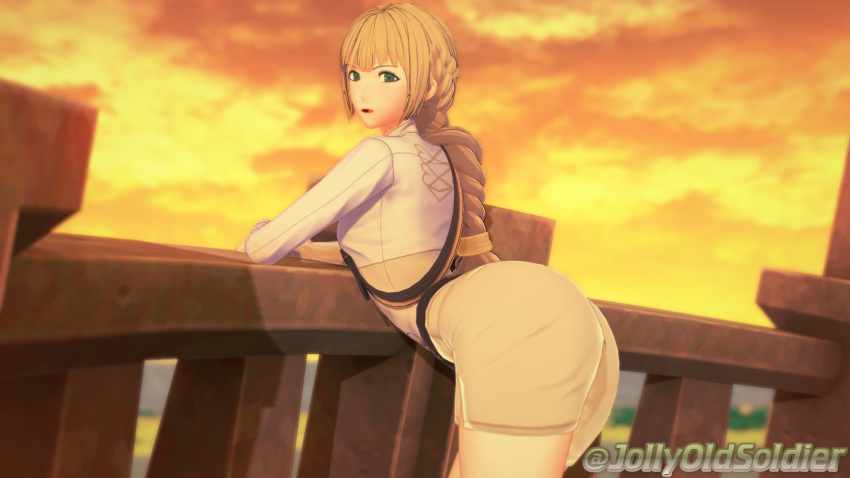 1girls 3d alternate_hairstyle arm_support ass ass_in_dress balcony bare_thighs bent_over blonde_hair braid braided_ponytail breasts female female_only fire_emblem fire_emblem:_three_houses garreg_mach_monastery_uniform green_eyes ingrid_brandl_galatea jollyoldsoldier large_ass long_hair long_sleeves looking_at_viewer medium_breasts nintendo open_mouth outdoors ponytail solo sunset thick_thighs thighs