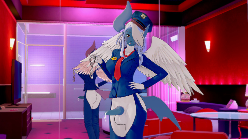 2023 3d 3d_(artwork) absol anthro aria_the_absol ass balls bedroom bottomless canine_penis clothed clothing crotchless_clothes crotchless_pants dickgirl futa_only futanari hand_on_hip handcuffs horn horns knot knotted_penis koikatsu lloydltz mega_absol mirror partially_clothed pokemon pokemon_(species) police_uniform precum precum_drip precum_string roleplay smirk smirking_at_viewer tail wings