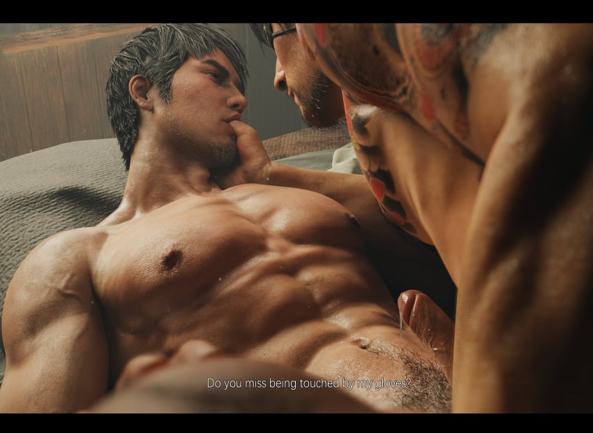 2boys 3d dialogue english_dialogue english_text erect_penis eruda_rgg eye_patch eyepatch gay kiryu_kazuma leaking leaking_precum like_a_dragon_(series) majima_goro male male/male male_only nipples precum_drip rgg_studio ryuu_ga_gotoku sega sensual sucking_thumb talking talking_to_another talking_to_partner tattoos tender thumb_in_mouth yakuza_(series)