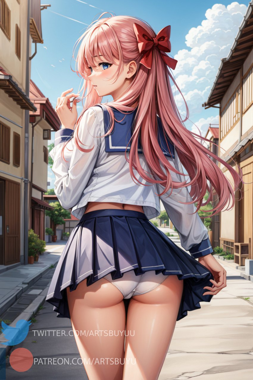 1girls ai_generated artsbuyu bangs blue_eyes blue_skirt blush embarrassed from_behind hair_between_eyes hair_ornament hair_ribbon haramura_nodoka hi_res long_hair long_sleeves looking_at_viewer looking_back medium_breasts panties pink_hair pleated_skirt red_ribbon ribbon saki school_uniform schoolgirl skirt stable_diffusion standing upskirt white_panties white_shirt