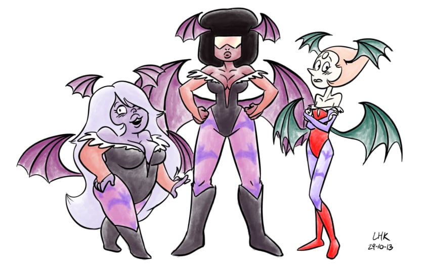 2013 3girls amethyst_(steven_universe) artist_signature cartoon_network clothing cosplay crossover_cosplay darkstalkers dated digital_media_(artwork) flat_chest garnet_(steven_universe) lhk lilith_aensland_(cosplay) morrigan_aensland_(cosplay) pearl_(steven_universe) signature small_breasts steven_universe tagme