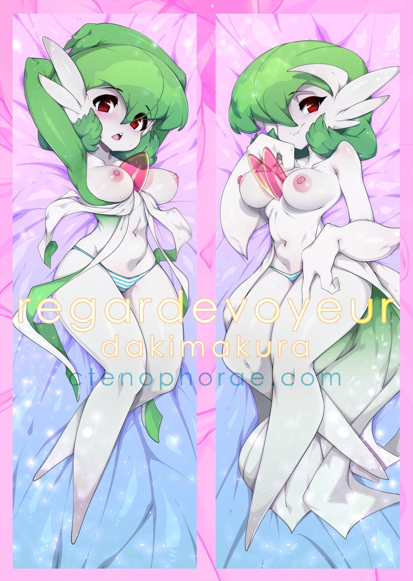 1girls armpits between_breasts blush breasts colored_skin dakimakura dakimakura_(medium) gardevoir green_hair hair_over_one_eye large_breasts looking_at_viewer lying mega_evolution mega_gardevoir multiple_views navel nipples no_humans on_back panties pokemon pokemon_(species) red_eyes short_hair slugbox smile striped striped_panties topless underwear white_skin