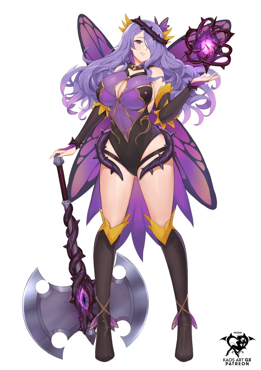 1girls absurdres alternate_costume artist_name axe bare_shoulders bare_thighs battle_axe black_footwear black_leotard black_sleeves boots breasts camilla_(fire_emblem) cleavage cleavage_cutout clothing_cutout commentary cosplay detached_sleeves english_commentary fairy_wings female female_only fire_emblem fire_emblem_fates fire_emblem_heroes floating floating_object full_body hair_ornament hair_over_one_eye highres holding holding_axe holding_weapon huge_breasts kaos_art leotard lips long_hair looking_at_viewer multicolored_clothes multicolored_leotard nintendo one_eye_covered parted_lips pink_lips plumeria_(fire_emblem) plumeria_(fire_emblem)_(cosplay) purple_eyes purple_hair purple_leotard sideboob simple_background solo thigh_boots thighs thorns two-tone_leotard wavy_hair weapon white_background wings