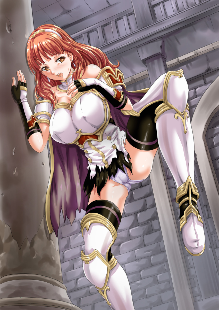 1girls bangs bare_shoulders bare_thighs boots breasts cape celica_(fire_emblem) cleavage covered_nipples earrings female female_only fingerless_gloves fire_emblem fire_emblem_echoes:_shadows_of_valentia from_below gloves hand_on_chest indoors large_breasts leg_up long_hair nao_takami nintendo open_mouth orange_eyes orange_hair panties shoulders solo spread_legs standing thighhighs thighs torn_clothes underwear white_panties worried