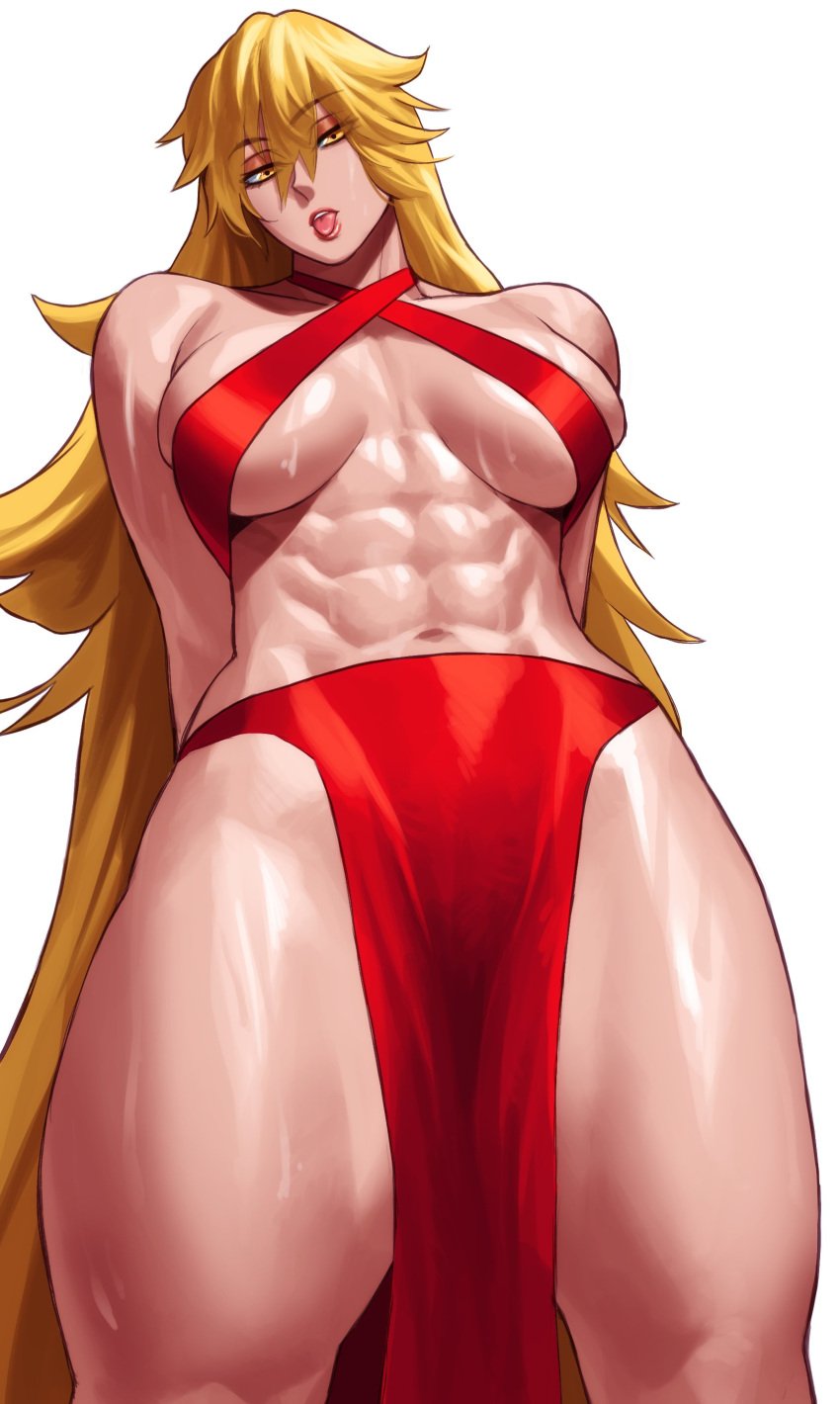 1girls abs arms_behind_back blonde_hair clarice_di_lampedusa commission female female_only loincloth long_hair looking_at_viewer muscular muscular_female narrowed_eyes open_mouth solo sotcho thick_thighs tongue_out very_high_resolution white_background yellow_eyes