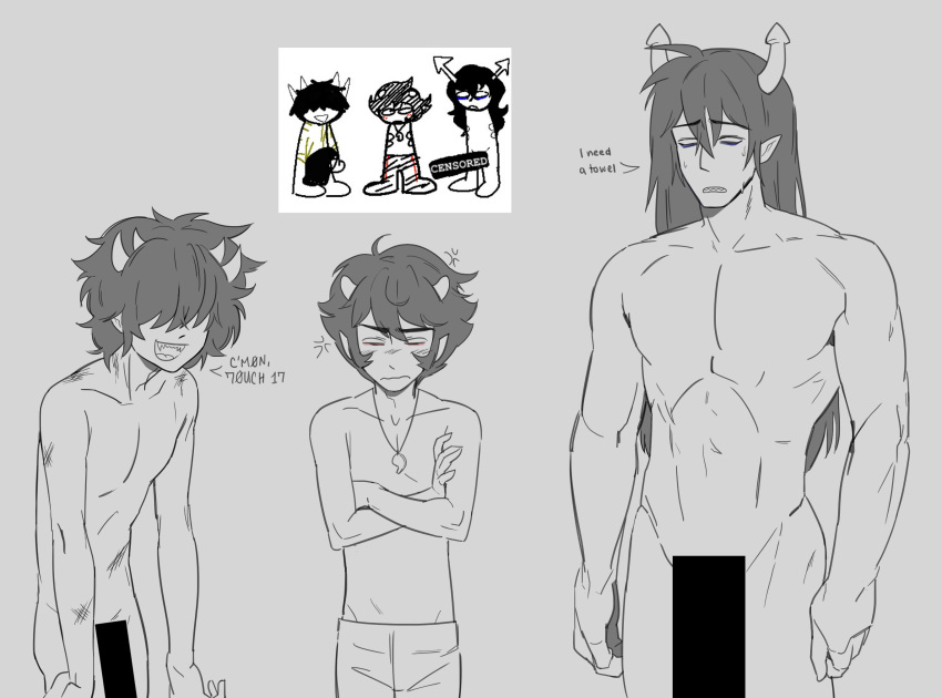 3boys black_and_white censor_bar censored homestuck horns horuss_zahhak kankri_vantas male_only mituna_captor tagme text troll