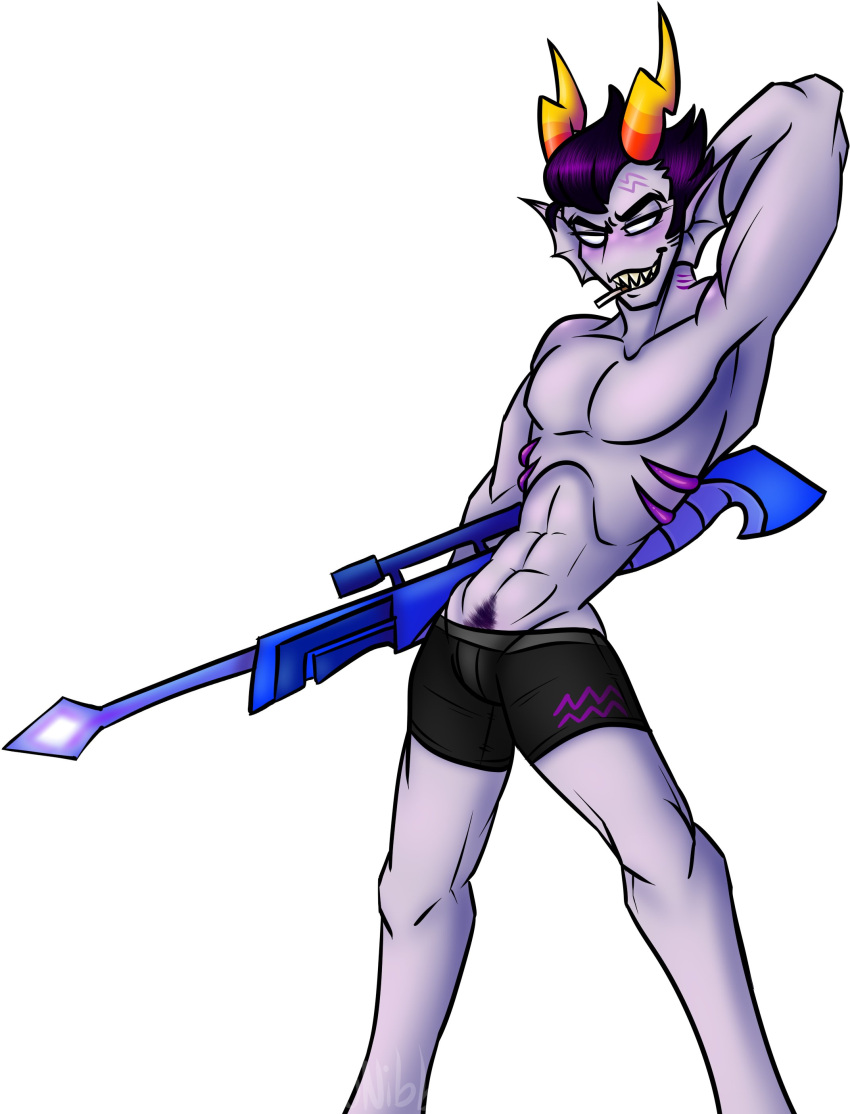 1boy cronus_ampora gun homestuck looking_at_viewer male_focus male_only nibblyj nibblyjimbles shirtless