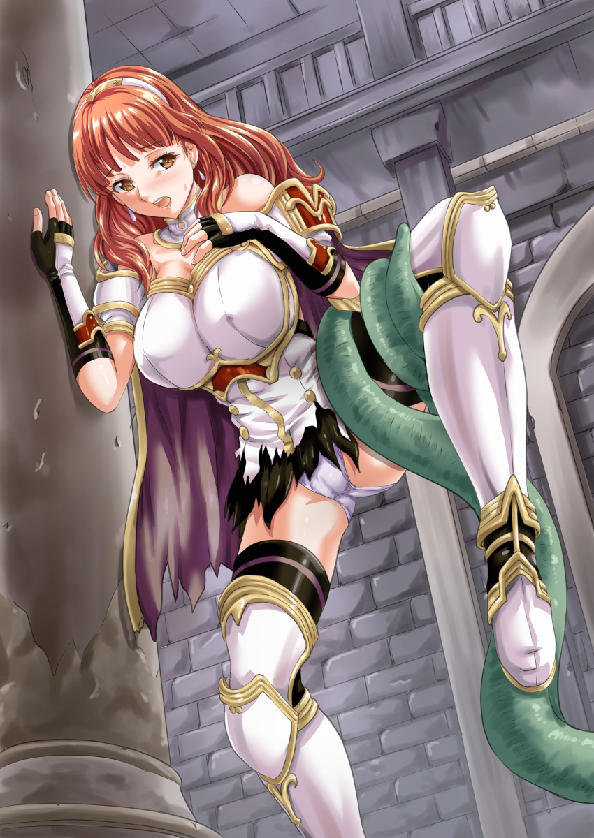 1girls absurdres bangs bare_shoulders bare_thighs black_gloves black_thighhighs boots bound breasts brown_eyes brown_hair cameltoe cape celica_(fire_emblem) cleavage cleft_of_venus commission covered_nipples earrings female femsub fingerless_gloves fire_emblem fire_emblem_echoes:_shadows_of_valentia from_below gloves hairband hand_on_chest highres imminent_rape imminent_sex indoors jewelry large_breasts leg_armor leg_up long_hair monster nao_takami nintendo open_mouth orange_eyes orange_hair panties pants rape restrained scared shoulders skeb_commission skirt solo spread_legs standing standing_on_one_leg tentacle tentacle_on_female tentacle_rape tentacle_sex tentacles thighhighs thighs torn_cape torn_clothes torn_pants underwear white_hairband white_panties worried