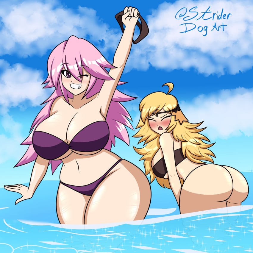 2girls aged_up alternate_ass_size alternate_breast_size alternate_costume ass big_ass big_breasts bikini breasts brown_bikini brown_swimsuit female female_only fire_emblem fire_emblem_fates huge_breasts large_ass large_breasts multiple_girls nintendo ophelia_(fire_emblem) purple_bikini purple_swimsuit soleil_(fire_emblem) striderdogart swimsuit