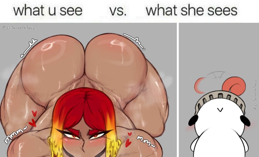 1boy 1girls 2023 ass big_ass black_eyes blonde_hair blush dark-skinned_female dark_skin digital_media eljarochofeliz eyebrows fellatio female heart huge_ass looking_at_viewer male meme oral original original_character pov puppet_(eljarochofeliz) red_eyes red_hair sex short_hair smile sweat thick_eyebrows titania_(eljarochofeliz)