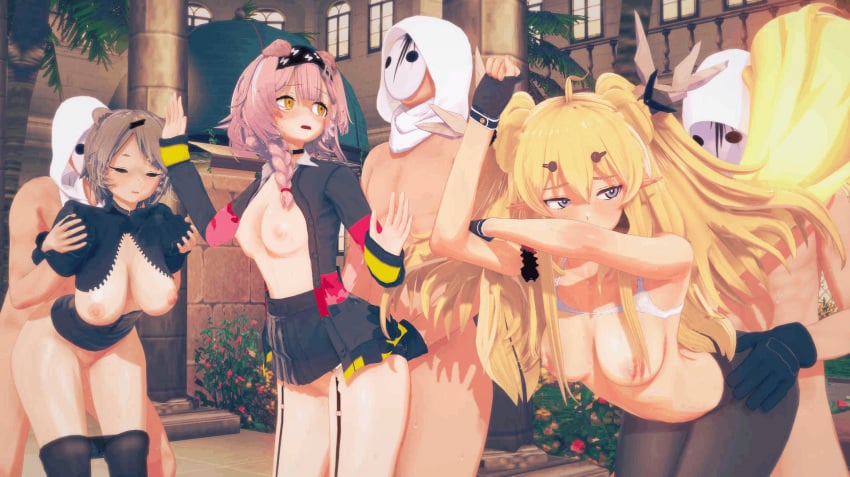 3boys 3girls absinthe_(arknights) animated animated arknights bear_ears blonde_hair breasts_out breasts_out_of_clothes brown_hair cat_ears doggy_style garter_straps goldenglow_(arknights) horns leizi_(arknights) nezu_(artist) pantyhose_pull pink_hair pointy_ears red_eyes sex_from_behind side_braid white_bra yellow_eyes