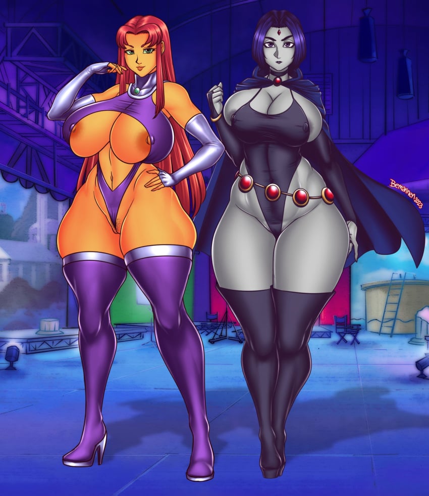 2girls alien alien_girl alternate_breast_size areolae belt bemannen big_breasts boots bracelet breasts cape cartoon_network cloak curvaceous curvy curvy_body curvy_figure dc dc_comics duo duo_female duo_focus female female_only green_eyes grey_skin high_heel_boots high_heels huge_breasts leggings legwear leotard long_gloves long_hair long_hair_female looking_at_viewer multiple_girls nipples nipples_visible_through_clothing orange_skin purple_eyes purple_hair rachel_roth raven_(dc) short_hair short_hair_female stage starfire superhero superheroine teen_titans thick_thighs thighhighs thighs