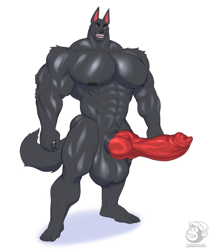 abs absurd_res animal_genitalia animal_penis anthro balls big_balls big_biceps big_pecs big_penis black_body black_fur blue_eyes buzzybub canid canine canine_genitalia canine_penis canis erection fur genitals hi_res huge_balls huge_cock knot male male_focus mammal muscular muscular_male nude pecs penis plantigrade sheath smile solo teeth thick_knot wolf