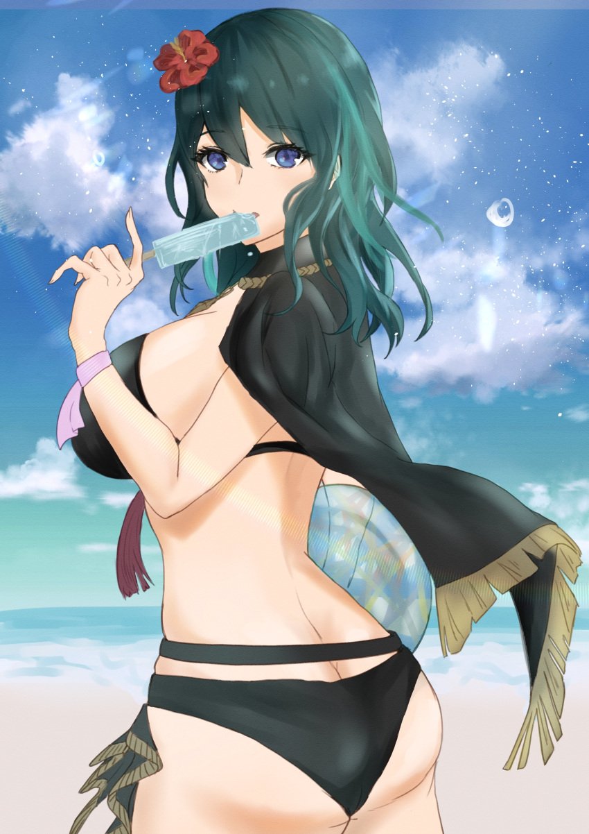 alternate_costume bikini black_bikini black_swimsuit breasts byleth_(female)_(summer)_(fire_emblem) byleth_(fire_emblem) byleth_(fire_emblem)_(female) female female_only fire_emblem fire_emblem:_three_houses fire_emblem_heroes inusukino1 looking_at_viewer medium_hair nintendo official_alternate_costume solo swimsuit