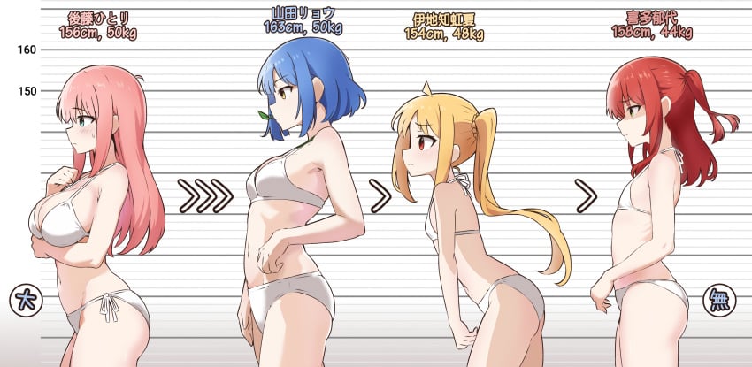 4girls :( ahoge amogan aqua_eyes bare_shoulders belly big_breasts blue_hair blush bocchi_the_rock! breast_chart breast_envy breast_size_comparison breast_size_difference breasts chewing confident embarrassed eye_shadow female female_only flat_chest gotou_hitori green_eyes hand_on_chest hand_under_breasts height_chart height_difference highres ijichi_nijika japanese_text kita_ikuyo leaning_forward light-skinned_female long_hair looking_forward medium_breasts medium_hair multiple_girls navel nervous partially_clothed pink_hair ponytail profile profile_view red_eyes red_hair sad short_hair slender small_breasts standing sweatdrop swimsuit text thighs translated twintails underwear upset weight white_swimsuit white_underwear yamada_ryou yellow_eyes yellow_hair young