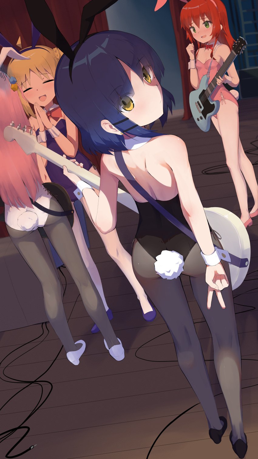 4girls ass bare_back bare_shoulders black_legwear black_leotard black_pantyhose black_shoes blue_hair blush bocchi_the_rock! bunny_ears bunny_girl bunny_tail bunnysuit closed_eyes collar cords cuffs cute dutch_angle embarrassed emotionless fake_animal_ears female female_only flat_chest gotou_hitori green_eyes guitar hairclip hands_together happy highres holding_guitar ijichi_nijika indoors kita_ikuyo legs legwear leotard light-skinned_female long_hair looking_at_viewer looking_back looking_back_at_viewer mole mole_under_eye nervous open_mouth open_smile pantyhose peace_sign pink_hair pink_leotard pink_shoes preparation purple_leotard purple_shoes recklessdraw red_hair shoes short_hair shoulder_blades shy small_breasts smile straps v v_sign white_leotard white_shoes yamada_ryou yellow_eyes yellow_fur