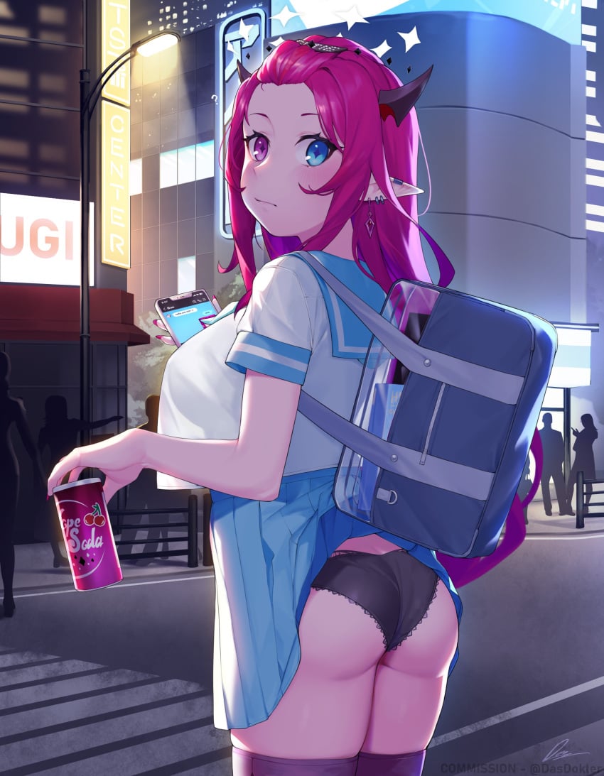 absurdres accidental_exposure aqua_eyes ass ass_focus bag black_panties blue_sailor_collar blue_skirt book breasts cellphone city cityscape clothes_lift crosswalk dasdokter demon_horns double_halo ear_piercing earrings female forehead hair_ornament hairpin halo heterochromia highres hololive hololive_english hololive_english_-promise- horns irys jewelry lamppost large_breasts long_hair multicolored_hair nail_polish night panties phone piercing pink_eyes pink_hair pink_nails pleated_skirt pointy_ears red_hair sailor sailor_collar school_uniform shoulder_bag skirt skirt_lift smartphone star_halo tented_shirt text_messaging textbook thighhighs underwear very_long_hair virtual_youtuber