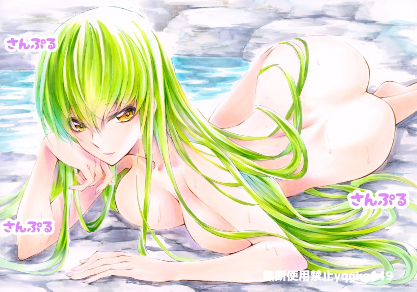 ass breasts c.c. closed_mouth code_geass completely_nude elbow_rest female green_hair long_hair looking_at_viewer lying medium_breasts nude on_stomach onsen sample_watermark translation_request very_long_hair water wet yellow_eyes yqgkg