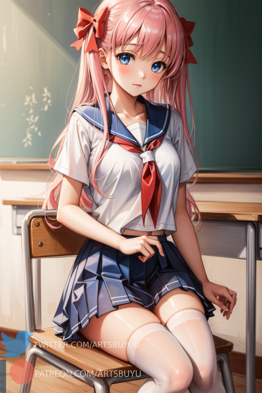 1girls ai_generated artsbuyu bangs blue_eyes blue_skirt blush chair classroom closed_mouth embarrassed footwear hair_between_eyes hair_ornament hair_ribbon haramura_nodoka hi_res legwear long_hair looking_at_viewer medium_breasts pink_hair pleated_skirt red_ribbon ribbon saki school_uniform schoolgirl sitting skirt stable_diffusion thighhighs white_legwear white_shirt white_thighhighs