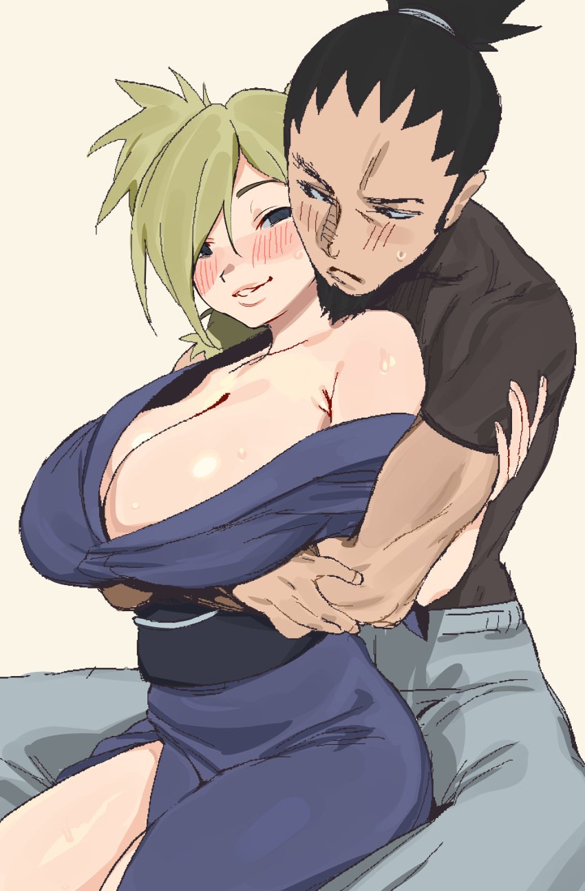 1boy 1girls aroused beard before_sex between_legs big_breasts black_hair blonde_hair blush blush_lines boruto:_naruto_next_generations breast_focus breasts breasts_bigger_than_head busty canon_couple cleavage clothing couple cuddling embarrassed facial_hair female goatee grabbing grabbing_from_behind hug hugging hugging_from_behind husband_and_wife kimono male male/female married_couple milf nara_shikamaru naruto naruto_(series) naruto_shippuden naughty naughty_face naughty_smile nervous nervous_face nervous_sweat no_bra off_shoulder pants quad_tails sagging_breasts shirt sitting sitting_on_lap sweat sweatdrop temari voluptuous whoopsatro yukata