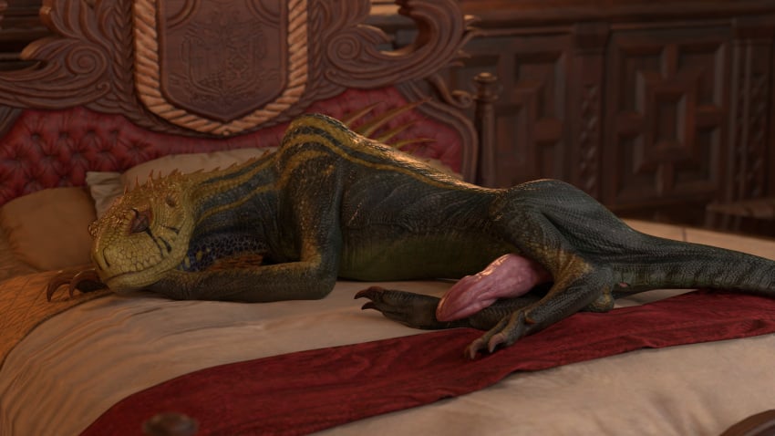 3d_(artwork) absurd_res anus balls bed blender_(software) blender_cycles capcom claws closed_eyes digital_media_(artwork) erection fanged_wyvern feral furniture genitals hi_res integlol jagras male monster_hunter on_bed penis sleeping solo