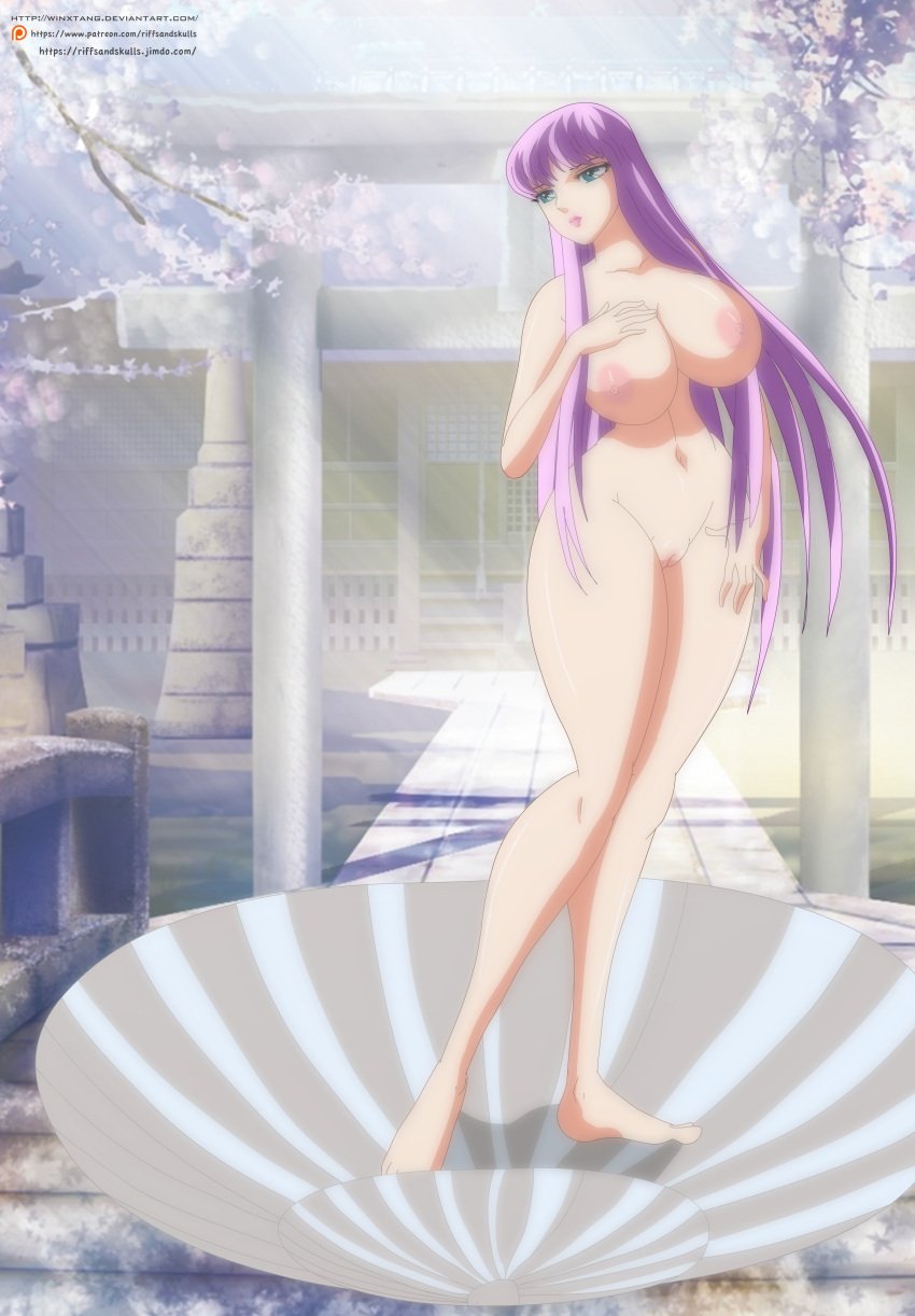 1girls areolae athena_(saint_seiya) barefoot big_breasts breasts completely_nude completely_nude_female female female_only fine_art_parody full_body goddess long_hair naked naked_female nipples nude nude_female pale-skinned_female pale_skin public_domain purple_hair pussy riffsandskulls saint_seiya saori_kido shounen_jump solo solo_female the_birth_of_venus thick_thighs wide_hips