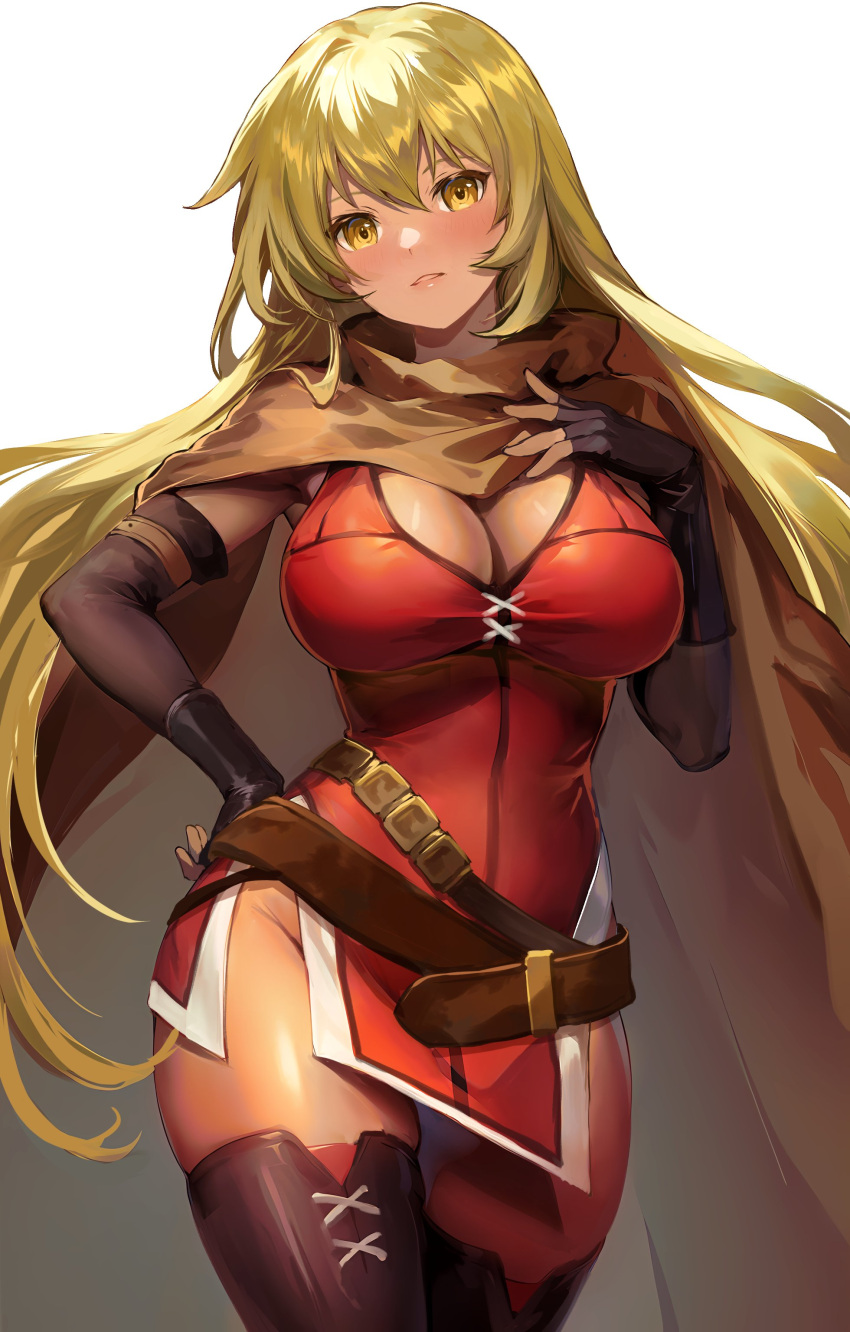 1girls absurdres belt black_footwear black_gloves blonde_hair boots breasts brown_belt brown_cape cape cleavage dress elbow_gloves female female female_only fingerless_gloves fire_emblem fire_emblem:_the_binding_blade gloves hair_between_eyes hand_on_own_hip hands_on_own_breasts highres igrene_(fire_emblem) jurge large_breasts long_hair looking_at_viewer mixed-language_commentary nintendo red_dress short_dress side_slit solo thigh_boots white_background yellow_eyes