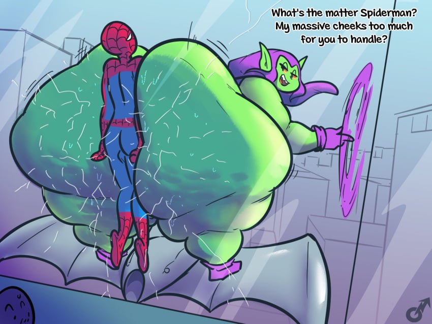 2boys ass ass_bigger_than_body ass_on_glass cellulite cracked_glass dialogue fat fat_ass fat_butt fat_man femboy gammanaut gay gay_sex giant_ass gigantic_ass glass green_body green_goblin green_skin hi_res highres marvel marvel_comics massive_ass obese obese_male pointy_ears pressed_against pressed_on_glass spider-man spider-man_(series) superhero text yaoi yellow_sclera