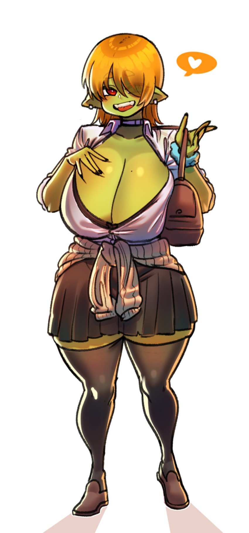 fangs female goblin goblin_female gyaru hair_over_one_eye huge_breasts js4935 mole_on_breast school_uniform shortstack solo spoken_heart thick_thighs