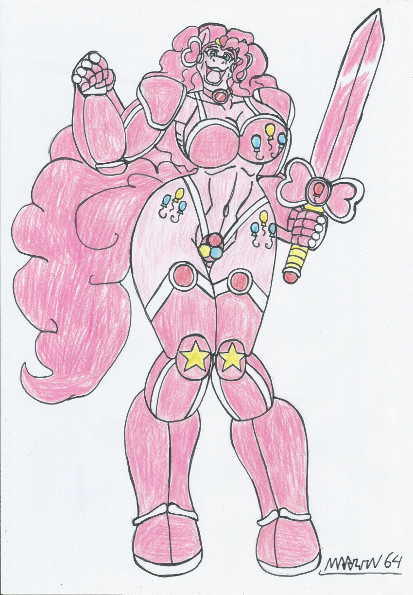 anthro big_breasts big_hips bikini_armor female_knight female_only furry happy_female marlon64 my_little_pony my_little_pony_friendship_is_magic pink_fur pink_hair pinkie_pie_(mlp) ponygirl sword swordswoman traditional_media_(artwork)