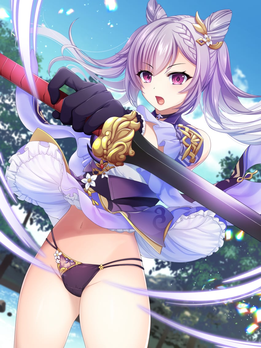 absurdres black_gloves black_panties blush braid choker clothes_lift cone_hair_bun cowboy_shot dot_nose female genshin_impact gloves hair_bun highres holding holding_sword holding_weapon keqing_(genshin_impact) left-handed legs_apart long_hair looking_at_viewer open_mouth outdoors panties purple_eyes purple_hair purple_skirt raised_eyebrows reverse_grip side_braid skirt skirt_lift sky solo standing sword thighs tree underwear urajiro443 water weapon wind wind_lift