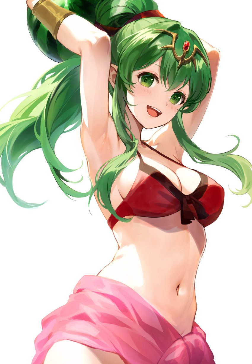 1girls absurdres alternate_costume armpits bikini blush breasts cleavage female female female_only fire_emblem fire_emblem_awakening fire_emblem_heroes food fruit green_eyes green_hair hair_ornament highres jurge long_hair looking_at_viewer medium_breasts navel nintendo official_alternate_costume open_mouth pointy_ears ponytail red_bikini red_swimsuit ribbon sideboob smile solo swimsuit tiara tiki_(adult)_(fire_emblem) tiki_(adult)_(summer)_(fire_emblem) tiki_(fire_emblem) watermelon white_background