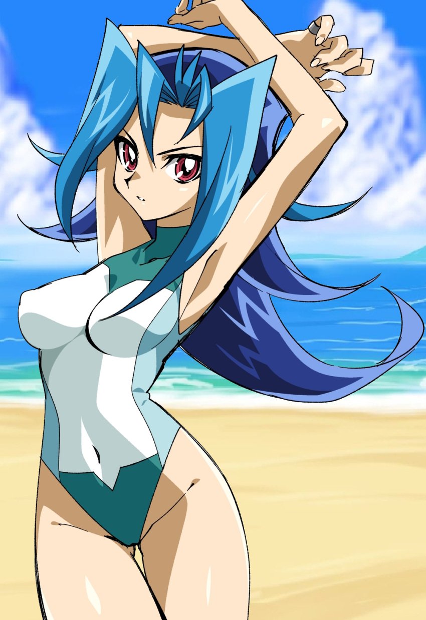 1girls armpits beach_background blue_hair breasts dntks edit erect_nipples female kamishiro_rio long_hair looking_at_viewer red_eyes rio_kamishiro solo swimsuit yu-gi-oh! yu-gi-oh!_zexal