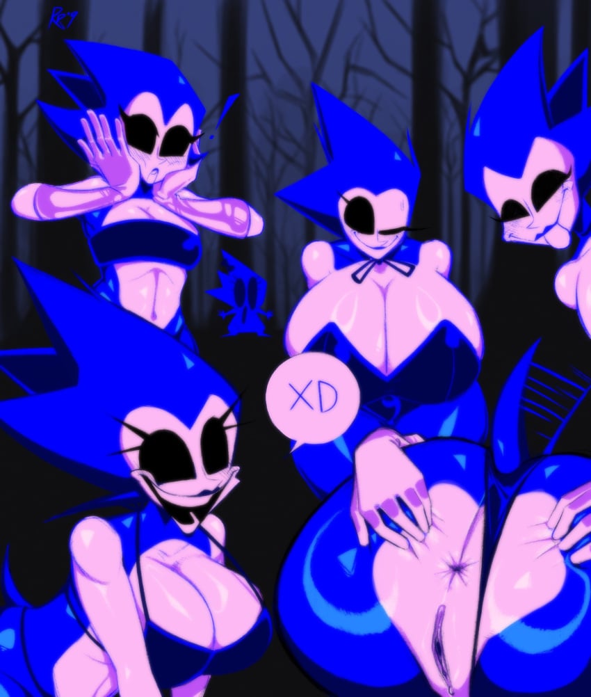 2020s 2023 anniversary anthro anus big_breasts black_eyes blue_body bra breasts clothing digital_media_(artwork) eulipotyphlan female genitals gloves group handwear hedgehog hi_res huge_breasts majin_sonic mammal pussy rule_63 sega smile snesti snesti09 sonic.exe sonic_(series) sonic_cd sonic_the_hedgehog sonic_the_hedgehog_(series) surprise tail thong tongue underwear xd