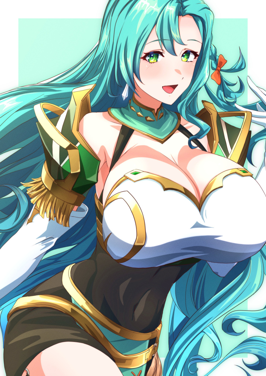 1girls absurdres armor blue_hair breasts chloe_(fire_emblem) cleavage cleavage_cutout clothing_cutout covered_navel detached_sleeves earrings female female_focus fire_emblem fire_emblem_engage gloves green_eyes green_hair hair_ribbon highres huge_breasts jewelry long_hair looking_at_viewer navel nintendo open_mouth pegasus_knight_uniform_(fire_emblem) ribbon shoulder_armor smile solo thick_thighs to_(tototo_tk) very_long_hair voluptuous wide_hips