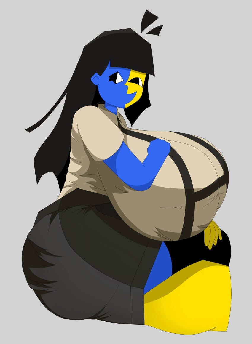 1girls big_breasts black_eyes black_hair blue_skin breasts crossed_legs ena female female_only huge_breasts joel_g legs_crossed multicolored_body sitting skirt smile solo thick thick_thighs tyr53269105 yellow_body