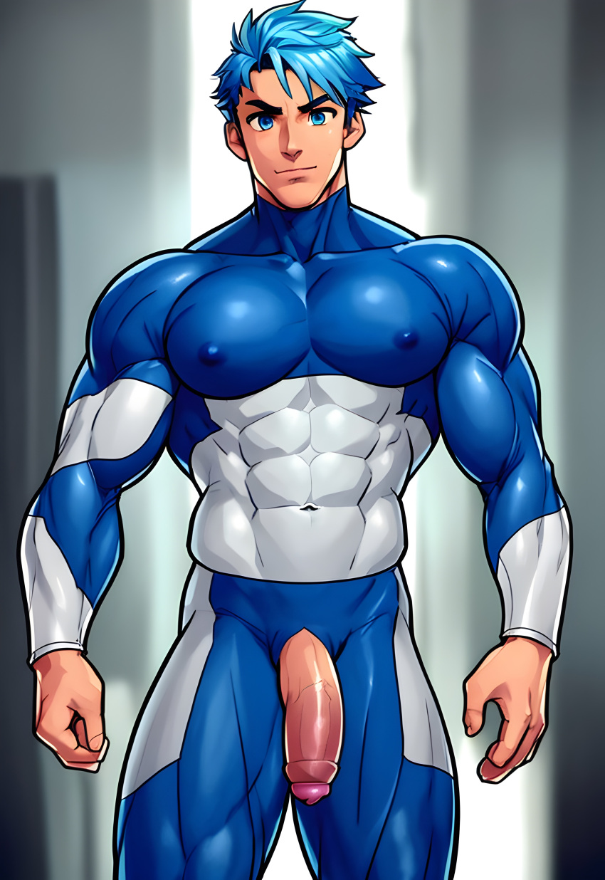 1boy ai_generated bara big_penis blue_eyes blue_hair gay huge_cock latex_clothing male_focus male_only muscular muscular_male nexusgarden nipples_visible_through_clothing