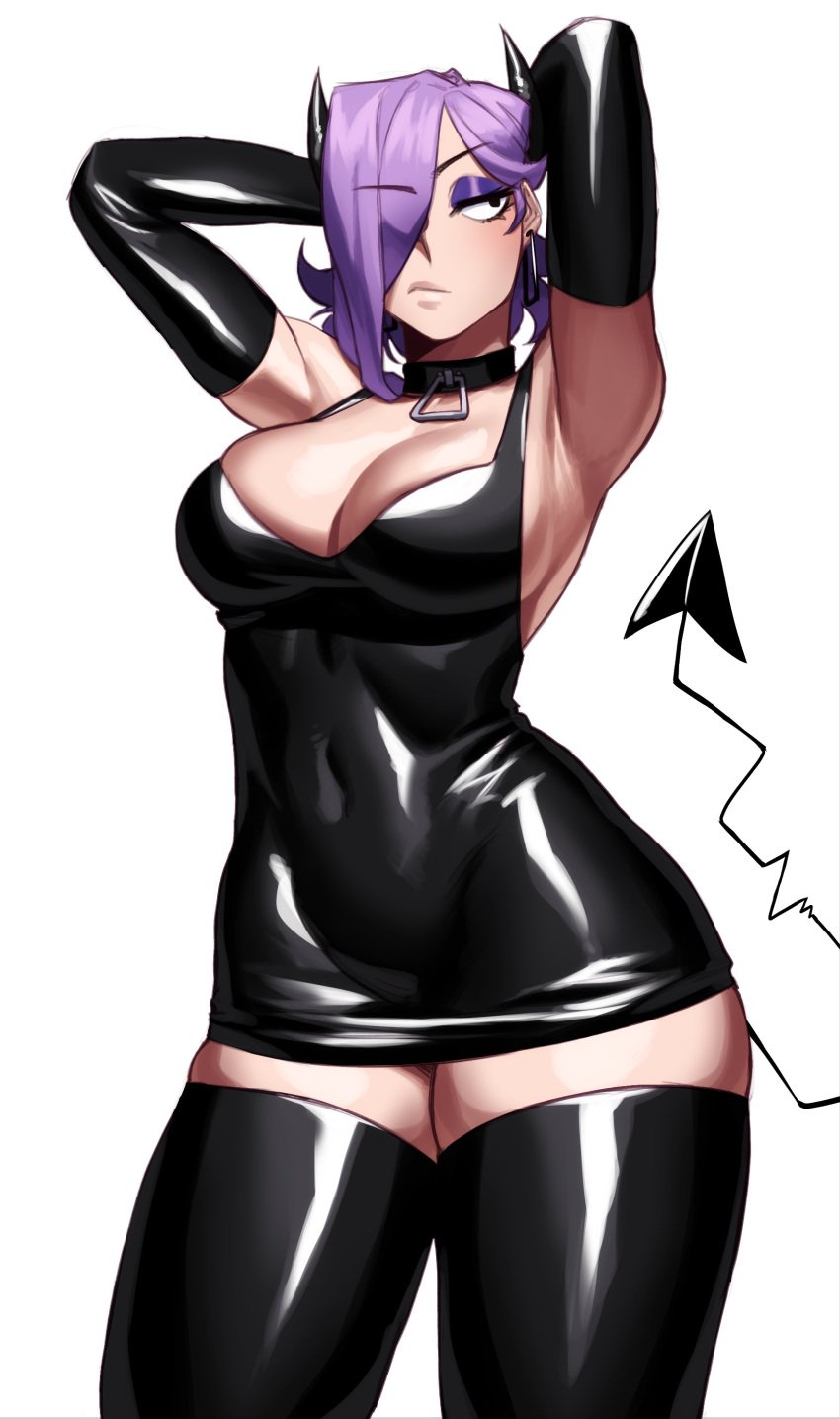 1girls arms_behind_head armwear black_dress black_thighhighs collar demon_horns demon_tail dress elbow_gloves eyeshadow female female_only gloves hair_over_one_eye horns liz_(gingrjoke) looking_away narrowed_eyes purple_eyeshadow purple_hair solo sotcho tail thick_thighs thighhighs very_high_resolution white_background