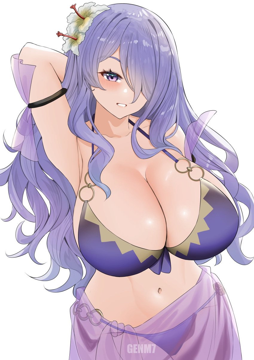 1girls absurdres alternate_breast_size alternate_costume arm_behind_head arm_up artist_name big_breasts bikini breasts camilla_(fire_emblem) camilla_(summer)_(fire_emblem) cleavage collarbone female female_only fire_emblem fire_emblem_fates fire_emblem_heroes flower genm7 hair_flower hair_ornament hair_over_one_eye highres huge_breasts large_breasts looking_at_viewer nail_polish navel nintendo o-ring o-ring_bikini official_alternate_costume pink_nails purple_bikini purple_eyes purple_hair purple_nails purple_swimsuit sarong see-through_sarong smile solo swimsuit teeth upper_body wavy_hair white_background