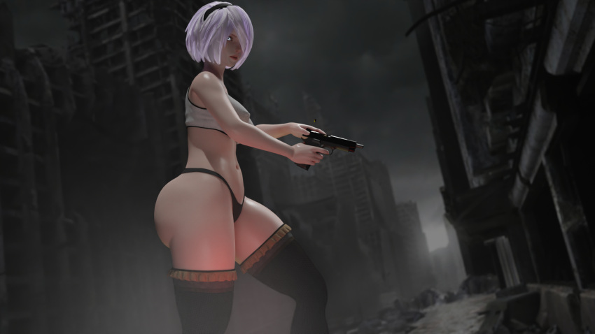 3d 3d_(artwork) assdepik big_ass big_breasts big_thighs bra dat_ass gun nier:_automata panties short_hair stockings video_game_character voluptuous voluptuous_female wallpaper white_hair yorha_2b