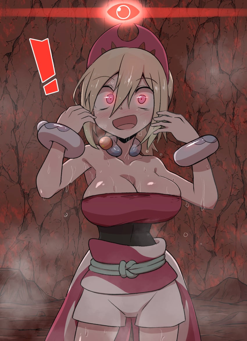 ! 1girls 2023 alpha_pokémon alpha_pokegirl blonde_hair blush breasts cleavage clothing glowing_eyes headband irida_(pokemon) kurachi_mizuki looking_at_viewer nintendo open_mouth pokemon pokemon_legends:_arceus red_eyes short_hair solo sweat white_skin