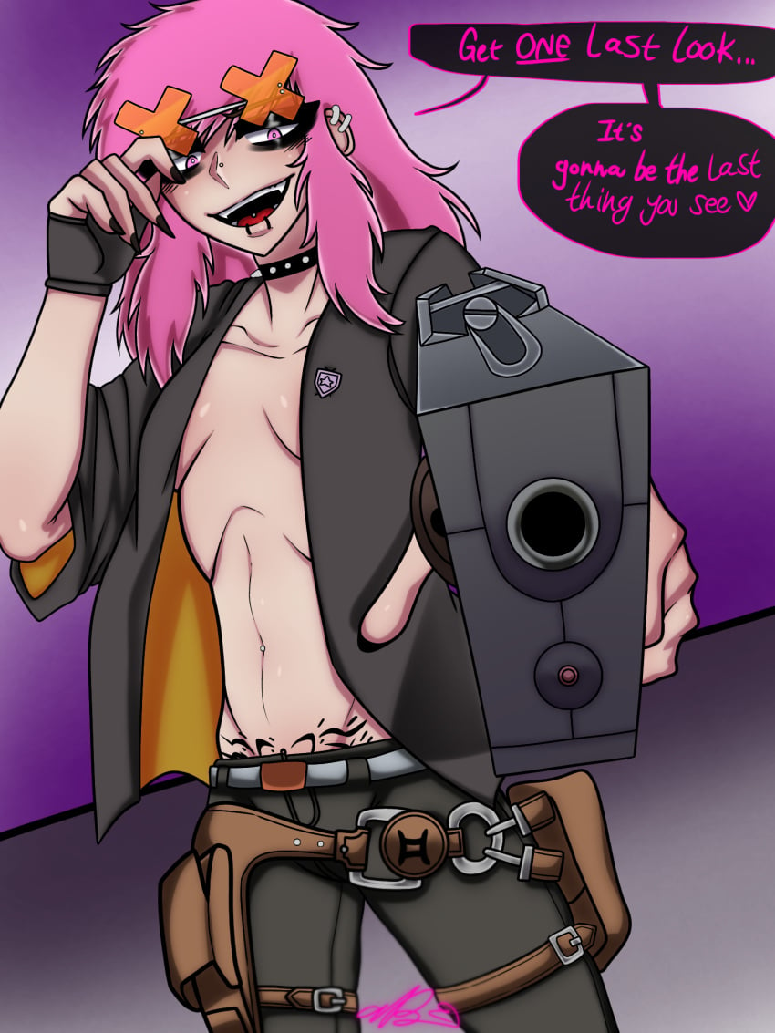 artist_self-insert artist_signature black_fingernails choker cosplay cute_deth cute_deth(artist) cute_deth(character) ear_piercing emo emo_girl english_text eyewear_on_head glove guilty_gear guilty_gear_strive gun happy_chaos jacket jeans lip_piercing looking_at_viewer open_shirt perspective pink_hair revolver self_insert sharp_teeth speech_bubble sunglasses sunglasses_on_head tattoo text uncensored